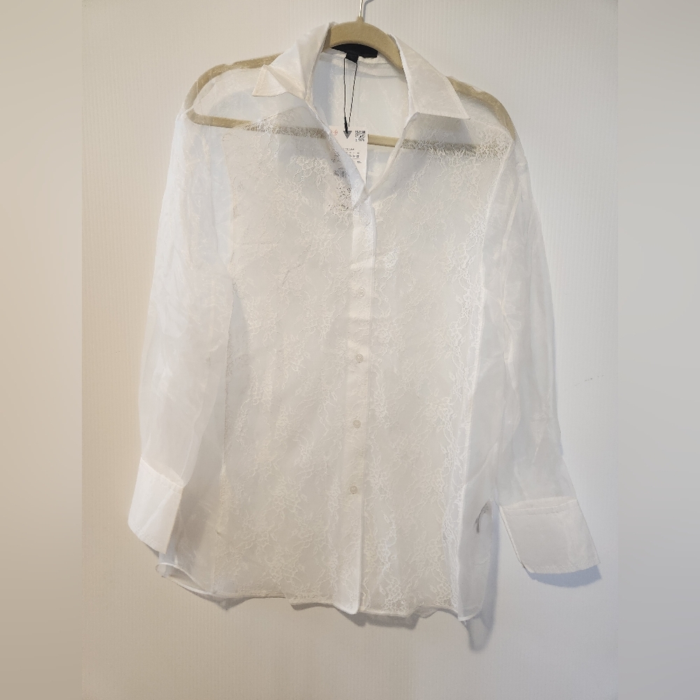 Zara Sheer Oversized White Lace Button-Up Blouse